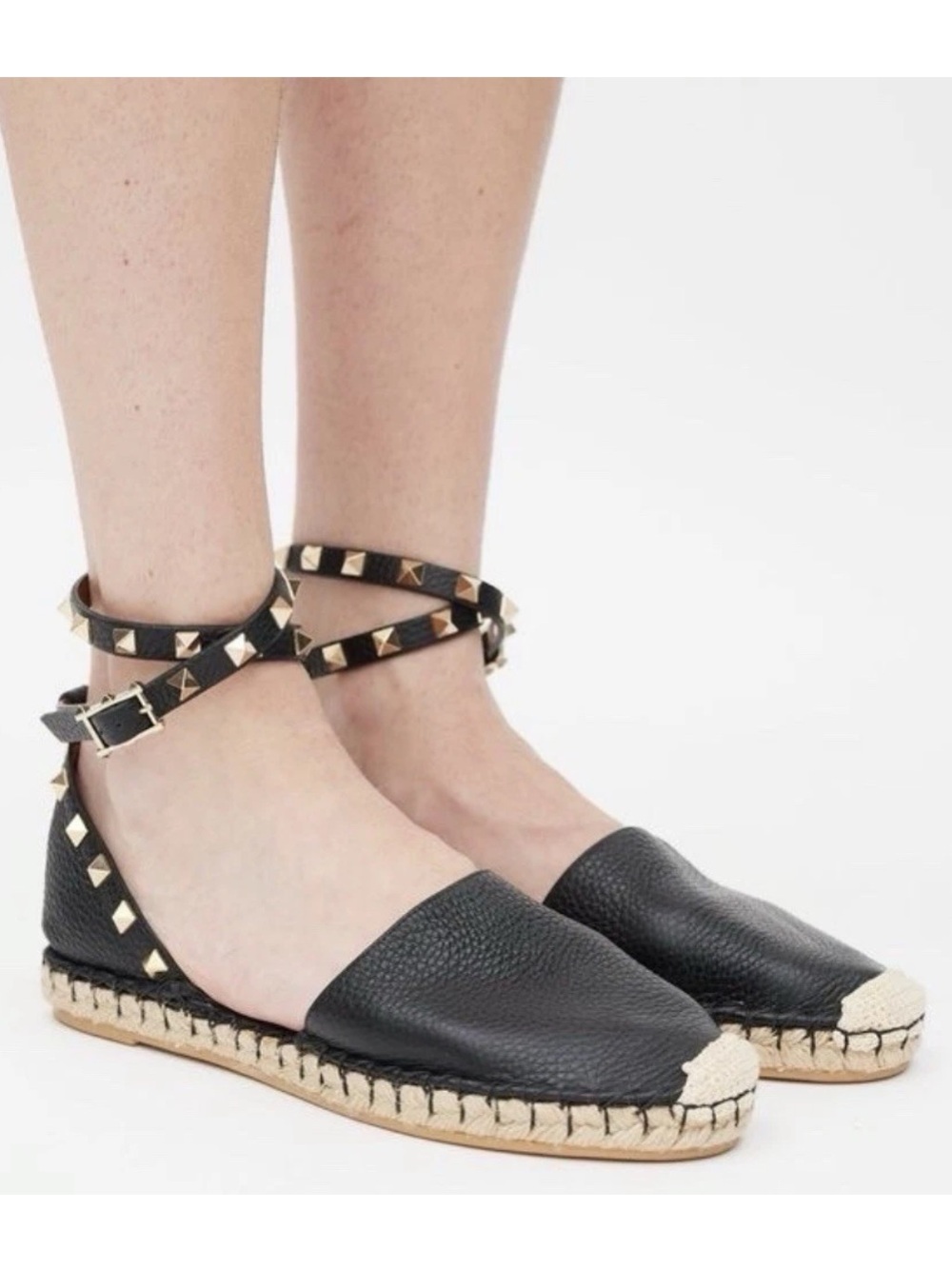 Valentino Garavani Black Leather Espadrille  Studded Ankle Strap size 38/ US 38